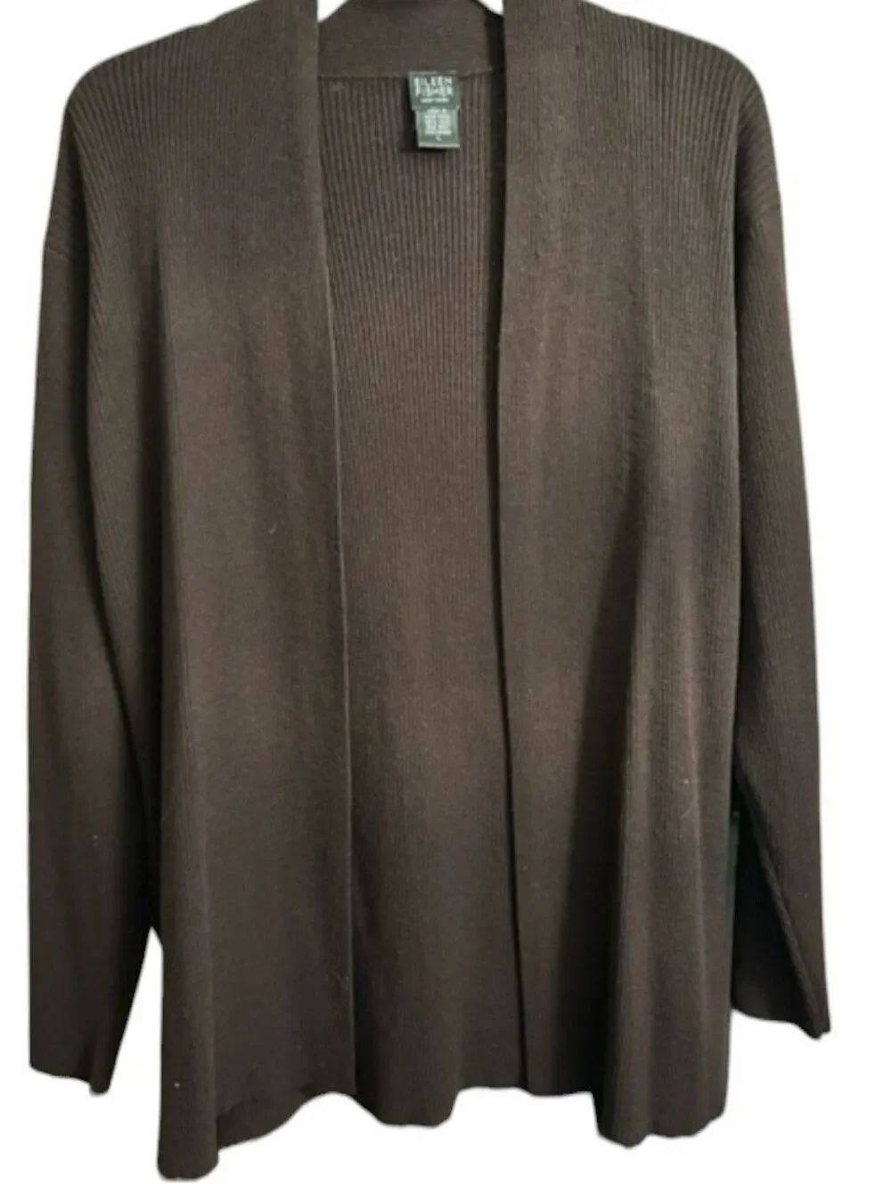 Eileen Fisher Wool Open Front Cardigan Ribbed Dark Brown Size L